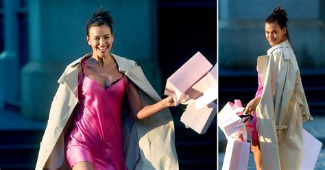 Irina Shayk Models Hot Pink Slip Dress Loafers During Victoria S Secret Photo Shoot