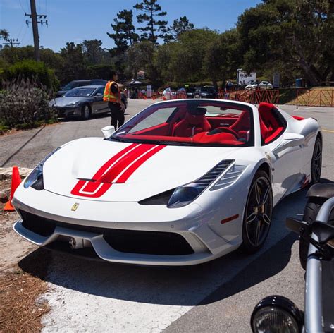 Bianco avus (white) exterior / cuoio interior. Ferrari 458 Speciale Aperta painted in Bianco Avus w/ red central racing stripes Photo taken by ...
