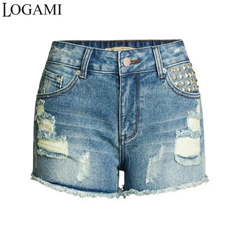 Logami Rivet Ripped Denim Shorts Women Sexy Summer Short Jeans Mini