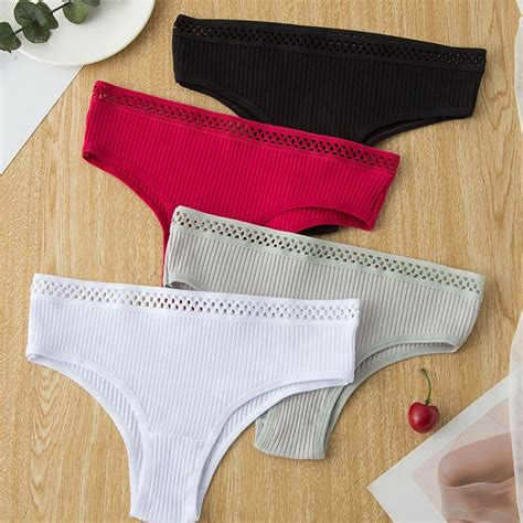 Sexy Cotton Womens Thong Underpants Soft Hollow Out Net Panties Solid Color Briefs Breathable