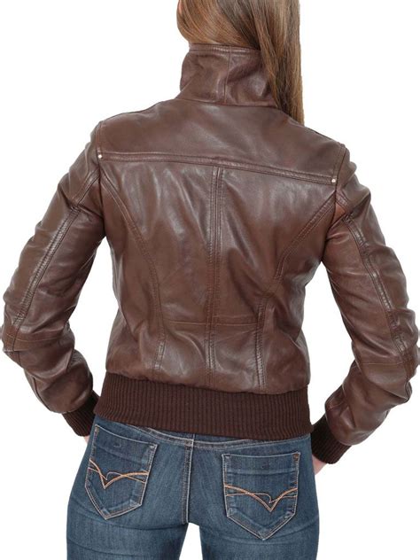 Womens Classic Brown Bomber Leather Jacket Dobson