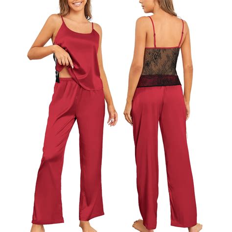 Womens Sexy Pajamas Silk Satin Sleepwear Lace Backless Camisole Pants Nightwear Scoop Neck Pj