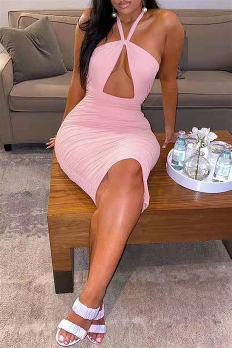 Wholesale Pink Fashion Sexy Solid Hollowed Out Backless Halter Sleeveless Dress K23257 1 Online