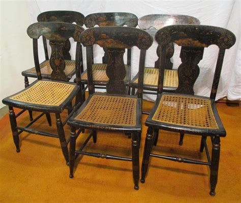 Lot Set Of Six Mid 1800s Black Painted Chairs With Stencil Backs And