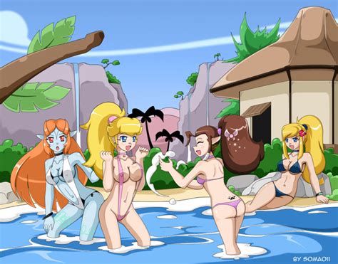 Rule 34 4girls Bikini Crossover Female Female Only Long Hair Mario Series Metroid Midna