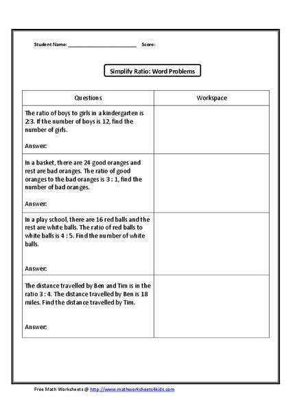 Write the ratio of the story 2 same format new story from above. Simplify Ratio: Word Problems Worksheet for 4th - 6th ...