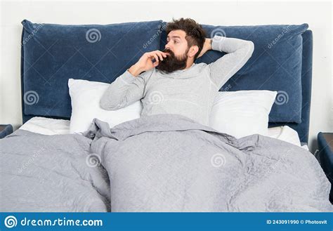 Drowsy Man Being In Bed Awake After Sleep Morning Stock Photo Image