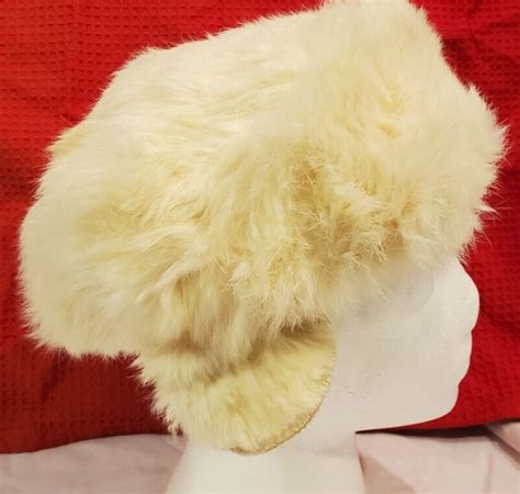 Womens White Rabbit Fur Hat w/Earflaps Cap Beret Ushanka Style Size S