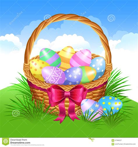 Easter Basket With Color Painted Easter Eggs Easter Eggs Stock Vector