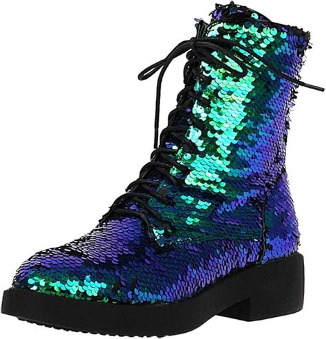 Buy Caradise Womens Lace Up Glitter Combat Boots Chunky Heel Sequin Ankle Booties Size 8 B M Us