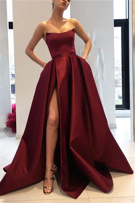 Burgundy Strapless Bodice Corset Long Sleeveless With Leg Split Prom Dress On Sale Promdressmeuk