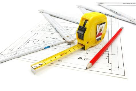 Architect Work Tools Equipment On Blueprint Construction With Measuring