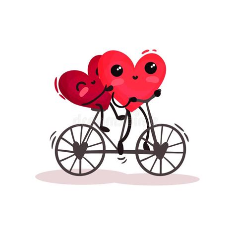 Two Adorable Humanized Red Hearts Riding Tandem Bike Romantic Couple