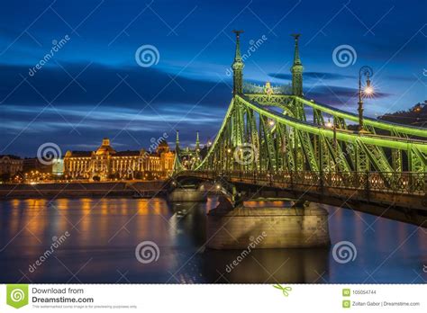 Budapest Hungary The Beautiful Liberty Bridge At Blue Hour Stock