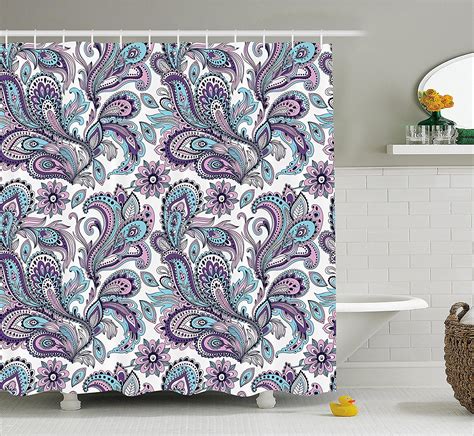 Paisley Shower Curtain Set By Blue And Purple Large Flowers Leaves Floral Pattern Bohemian