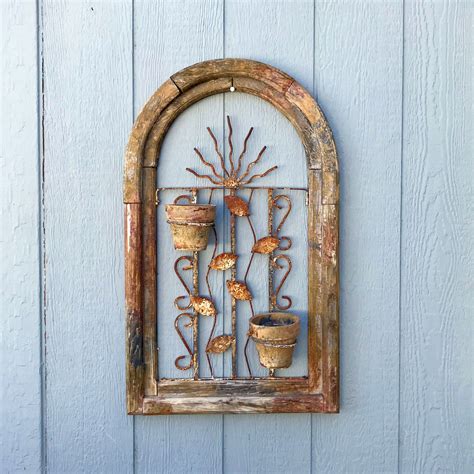 Wood And Wrought Iron Arched Wall Plant Holder Rustic Weathered Wood