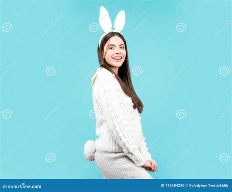 Lovely Easter Woman In Bunny Rabbit Costume Girl Wearing Bunny Ears On