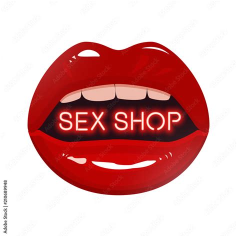 Sex Shop Logo Neon Text Red Lipstick Mouth Vector Illustration Stock