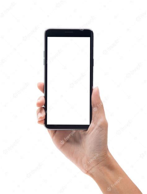 Mão De Uma Mulher Segurando O Smartphone Preto Com Tela Em Branco