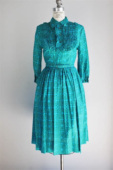 vintage 1960s dress with belt turquoise blue fit and flare etsy