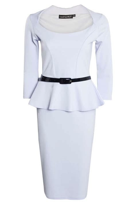 Boohoo Womens Ladies Kendal Long Sleeve Belted Peplum Midi Dress Ebay