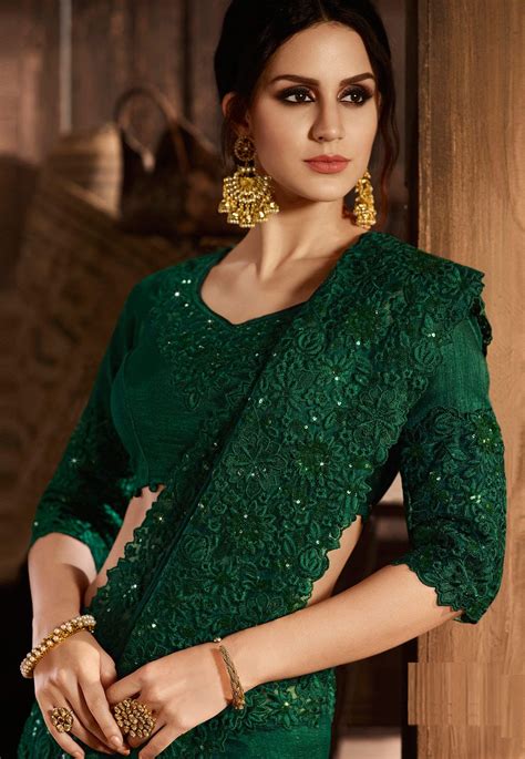 Dark Green Silk Saree With Blouse 5412 Elegant Saree Party Wear