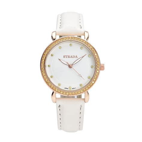 Shop Lc Strada Cubic Zirconia Cz Japanese Movement Watch In Rosetone With White Faux Leather