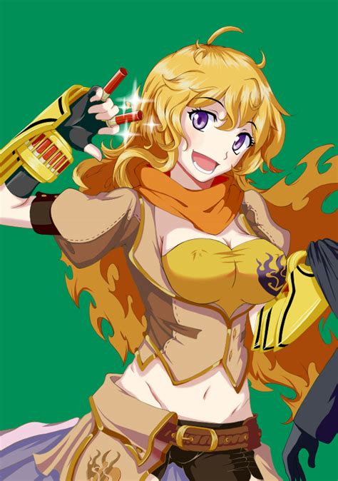 Intes Yang Xiao Long Rwby 1girl Blonde Hair Breasts Bullet Cleavage Covered Erect