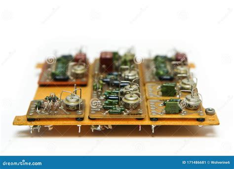 The Old Vintage Circuit Board With Several Electronic Components Stock