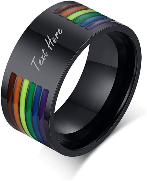 Lf Personalized Customised Gay Men Ring Stainless Steel Rainbow Stripe Pride Gay Lesbian Wedding