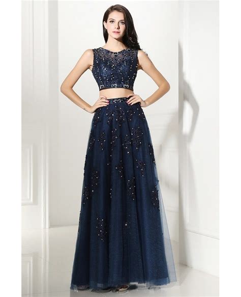 Two Piece Navy Blue Lace Long Tulle Prom Dress Lg0312