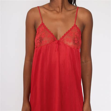 Sheer Red Nightgown Lingerie Lace Slip Dress S Maxi Nylon Boho