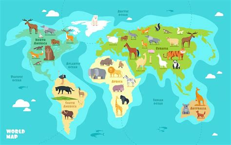 Cartoon World Map With Animals Oceans And Continents Funny Geography
