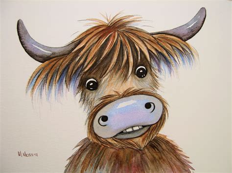 Funny Highland Cow Watercolour Highland Cow Painting Farm Animal