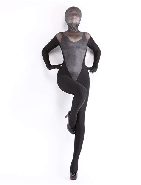 Black Lycra Spandex Two Tone Sheer Unisex Zentai Suits