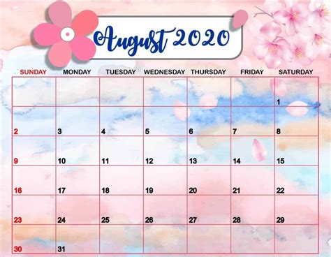 Free August 2020 Desktop Calendar Wallpaper