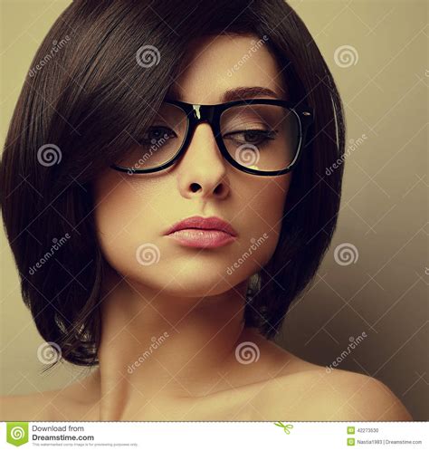 Beautiful Woman With Black Hair In Fashion Glasses Stock Photo Image