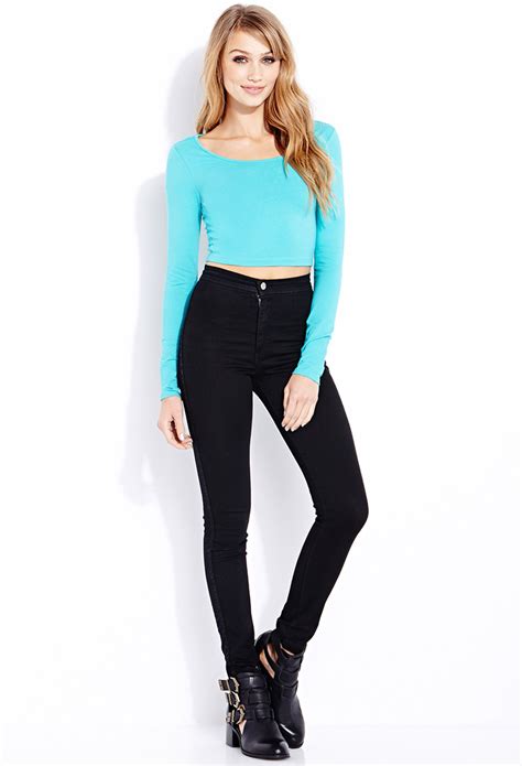 Lyst Forever 21 Basic Long Sleeve Crop Top In Blue