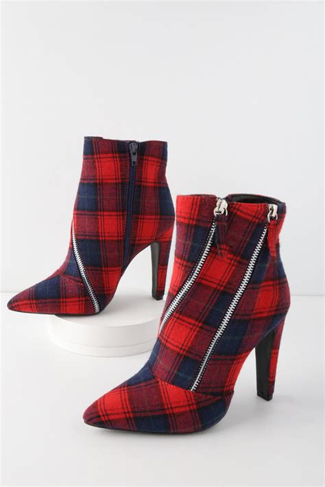 red plaid boots mid calf booties high heel zipper booties lulus