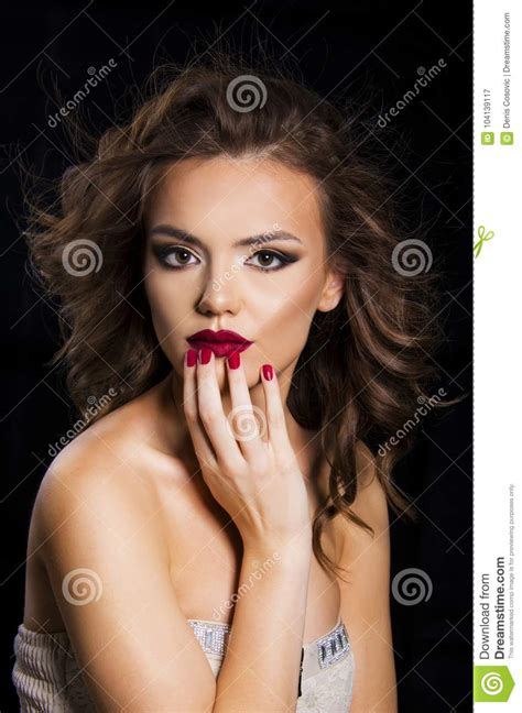 Beautiful Woman With Red Lips Stock Image Image Of Brunette Black 104139117