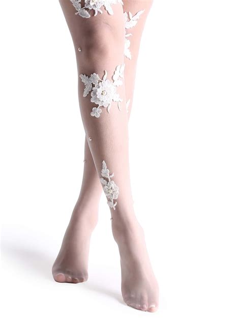 White Floral Embellished High Stretch Lace Pantyhose Stockings