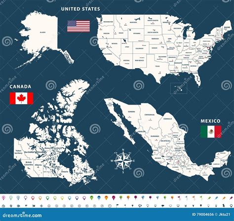 Mapas De Canada Estados Unidos Y Mexico Con Las Banderas Y Los Iconos Images
