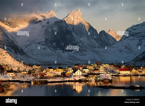 View To Snowy Coastal Town Reine Norway Lofoten Islands Stock Photo