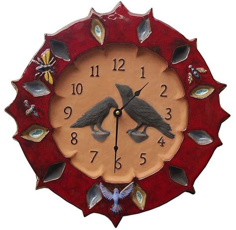 Ravens Wall Clock Red Glaze On Terra Cotta By Beth Sherman Ceramic