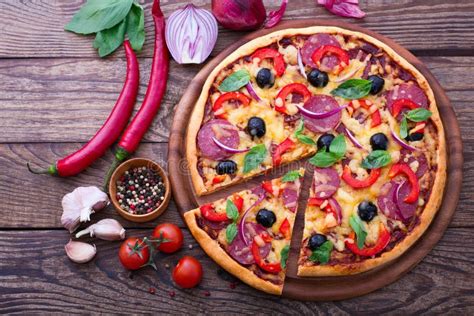 Delicious Pizza Served On Wooden Table Top View Stock Image Image Of