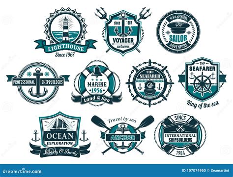 Sea Anchor And Boat Helm Nautical Badge Set Stock Vector Illustration