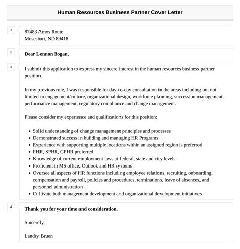 Human Resources Business Partner Cover Letter Velvet Jobs