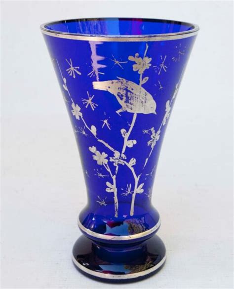 Vintage Cobalt Blue Glass Vase With Silver Overlay Bird Ebay