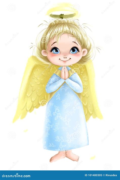 Cute Angel Girl With Wings Praying Illustration Stock Illustration