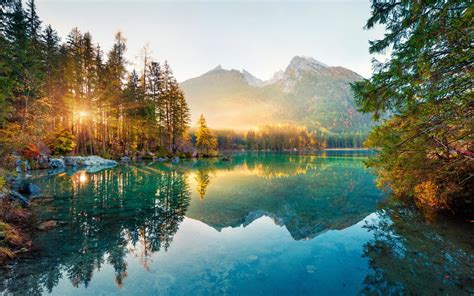 Download Wallpapers Mountain Lake Morning Sunrise Forest Emerald